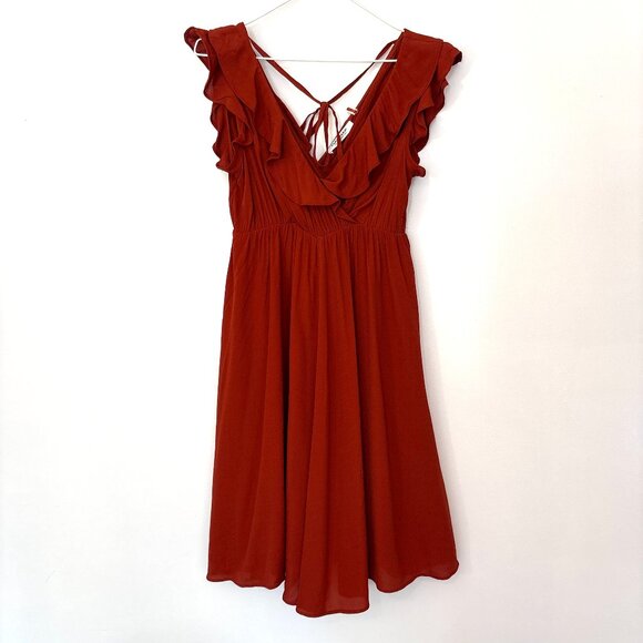 NAF NAF Dress Ruffle V Neck Rust Orange Boho - Picture 1 of 9